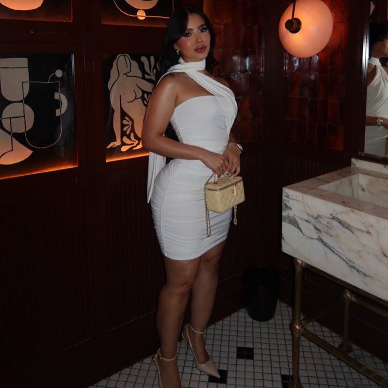 Sexy Halter Shirred  Mini Tube Dress with Scarf Detail
