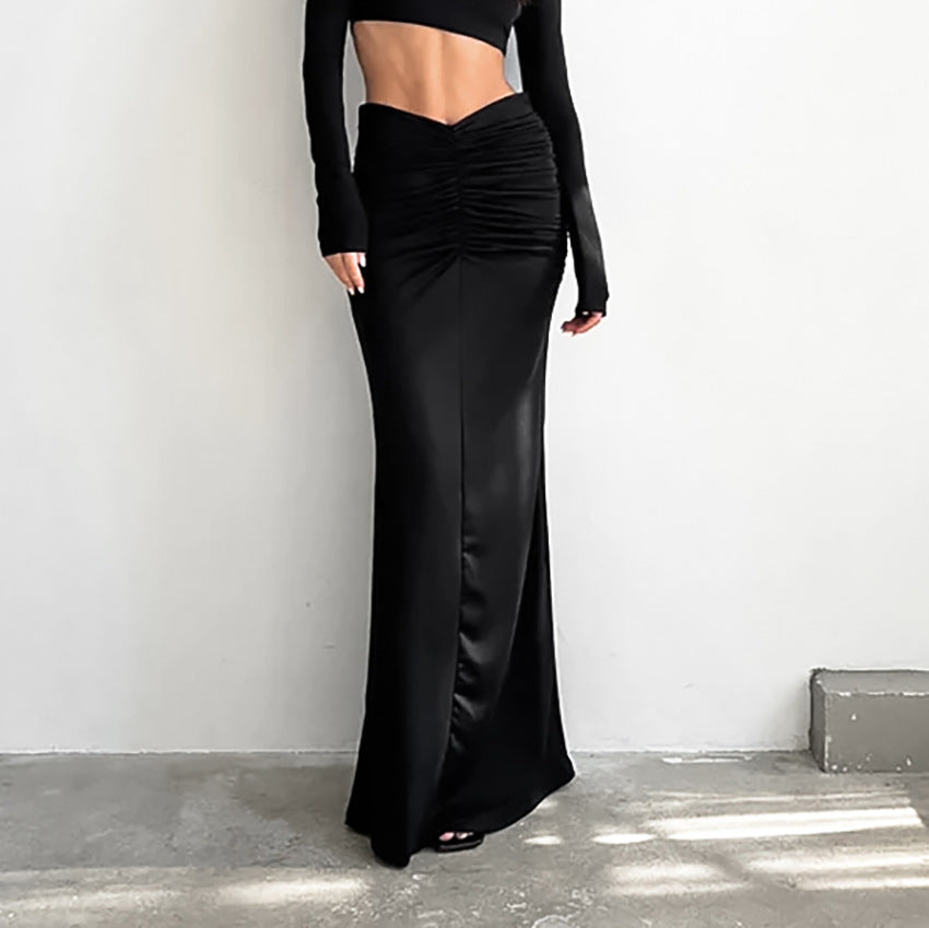 Black Sexy Design Knitted Slim Fit Front Shirred High Waist Fishtail Skirt Women