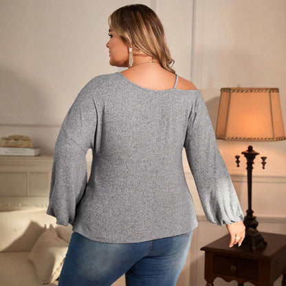 Plus Size Heather Grey Off Shoulder Twisted Long Sleeved W./ Metal Buckle detail