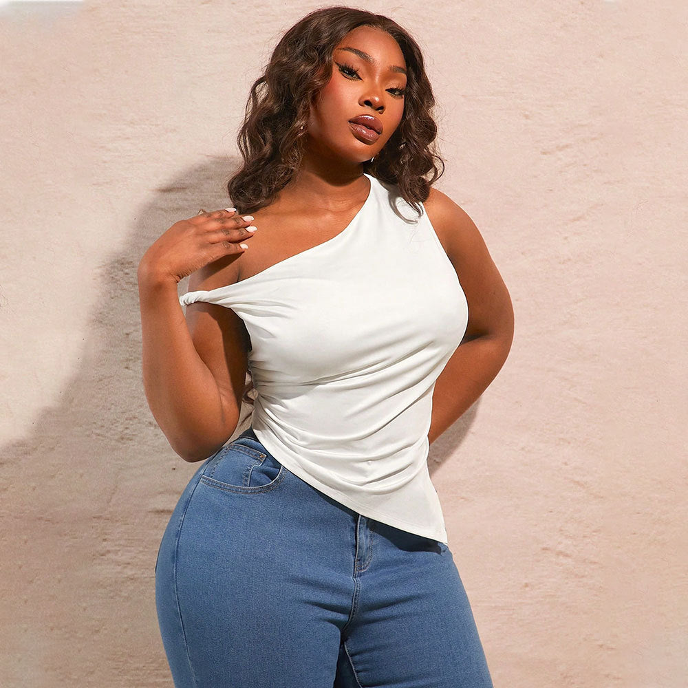 Plus Size  Sexy Diagonal Collar  Cold Shoulder Sleeveless Irregular Asymmetric Top