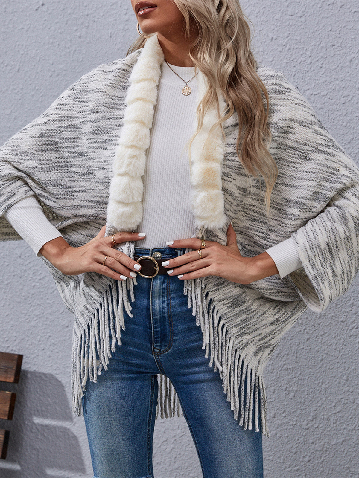 Light Grey Fur trim Fur Asymmetric Sweater Shawl