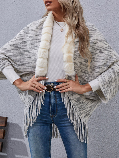 Light Grey Fur trim Fur Asymmetric Sweater Shawl