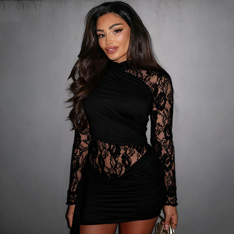 Long Sleeve Lace Combo Short Date Night Club Dress In Black or White