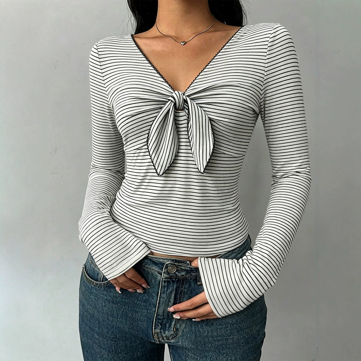 Black/ White Striped Long Sleeve w/ Tie Front Detail