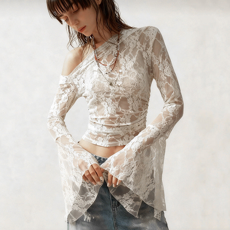White Asymmetrical Long Sleeve Off Shoulder Bell Sleeve Lace top