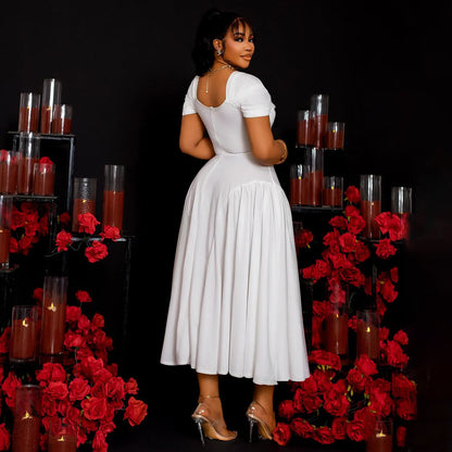 Plus Size Elegant Long Tube Top Collar Cinched Cap Sleeve Dress