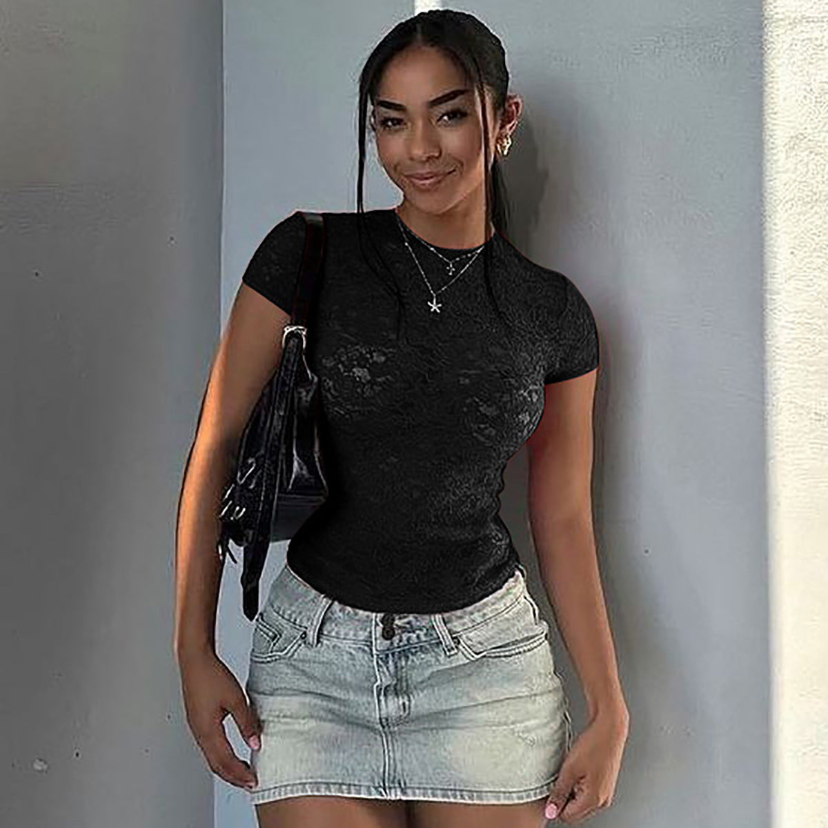 Sexy Lace See through Slim Fit Crew Neck T shirt Top