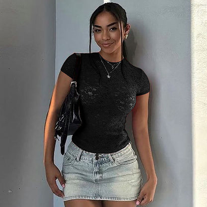 Sexy Lace See through Slim Fit Crew Neck T shirt Top