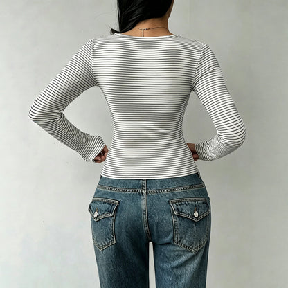 Black/ White Striped Long Sleeve w/ Tie Front Detail