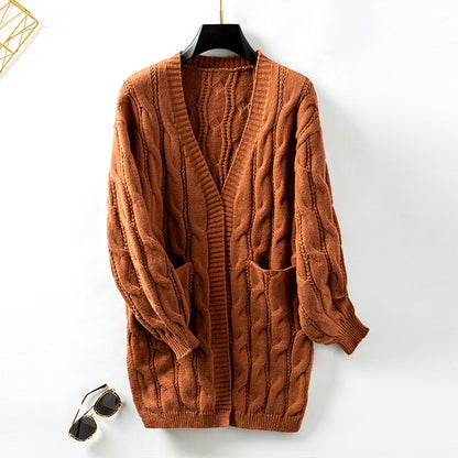 Twist Knit Cardigan for Women  Retro Loose Mid Length Sweater