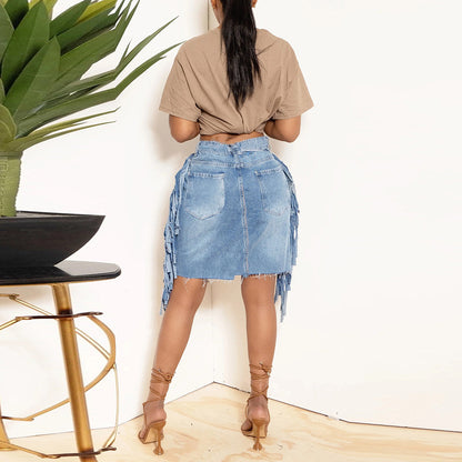 Ladies fringe Denim Washed Tassel Tatted Skirt