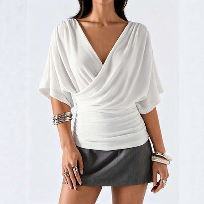 White  Deep V neck Batwing Sleeve Top with Shirring on Sides