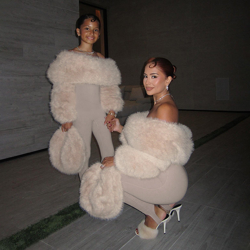 Sexy Off the Shoulder Faux Fur Taupe Catsuit jumpsuit