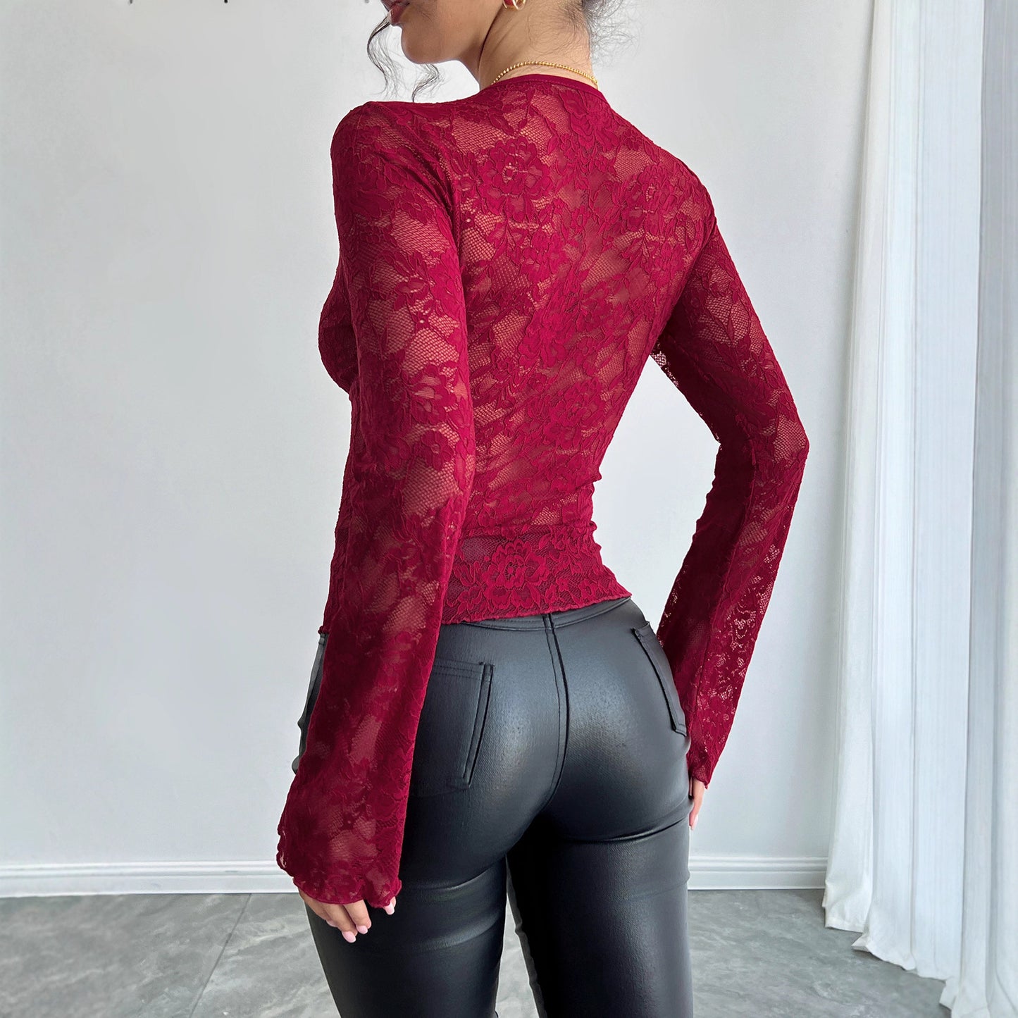 Sexy Lace Slim V neck Long Sleeved T shirt Top for Women