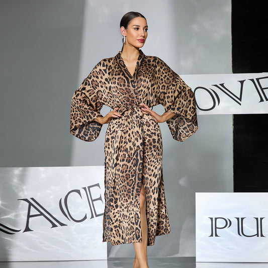 Sexy Leopard Print Long Robe W Bell Sleeve