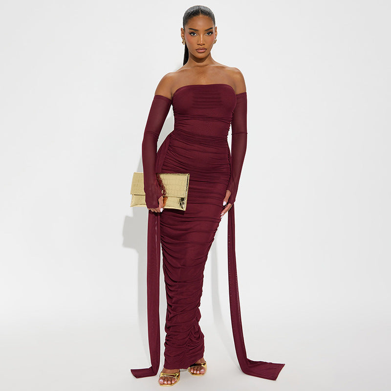 Ladies Off the Shoulder Long Sleeve Shirred Long Fitted Dress with Sash