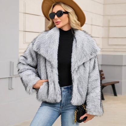 Faux Fur Warm Fluffy  Coat with Large Collar