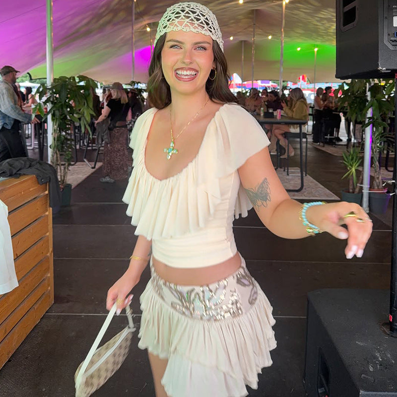 Sexy U Collar Big Ruffle Cropped Tied Backless Top Festival Vibes