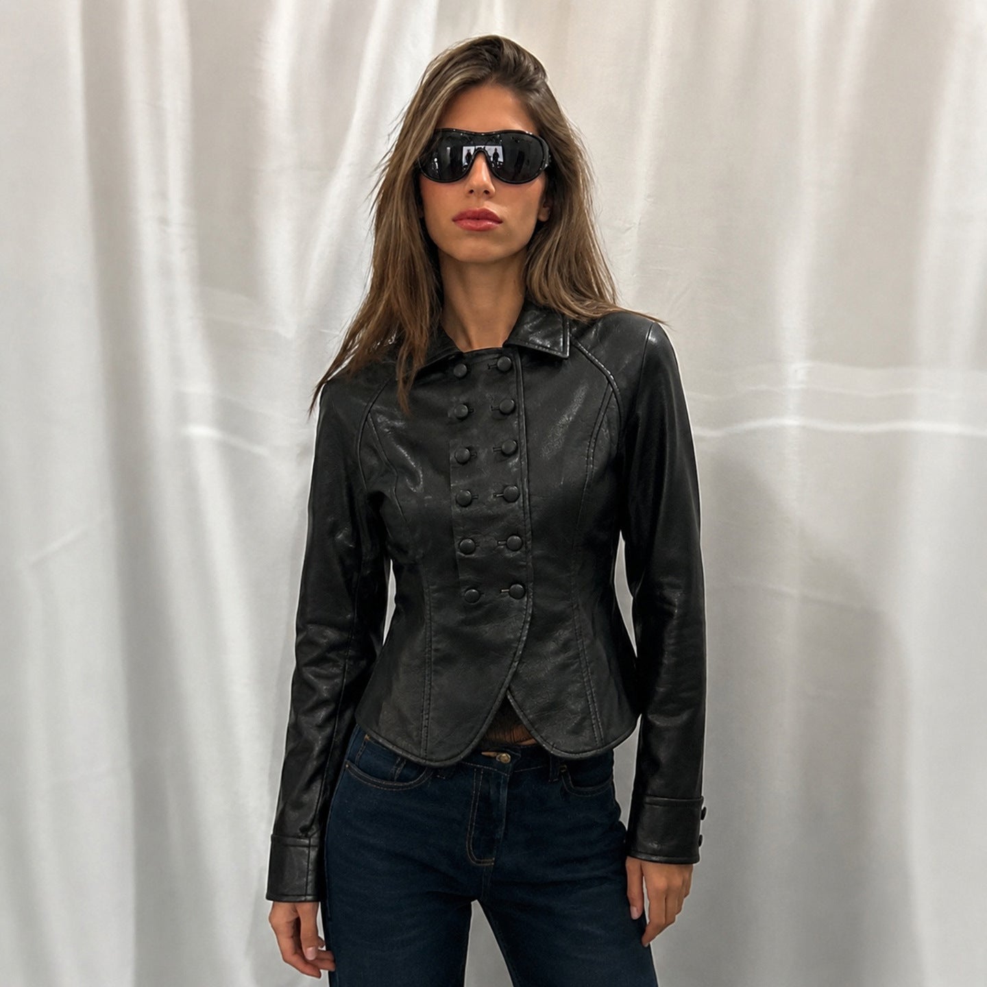 Vegan Leather Double Breasted Collared Vintage Jacket