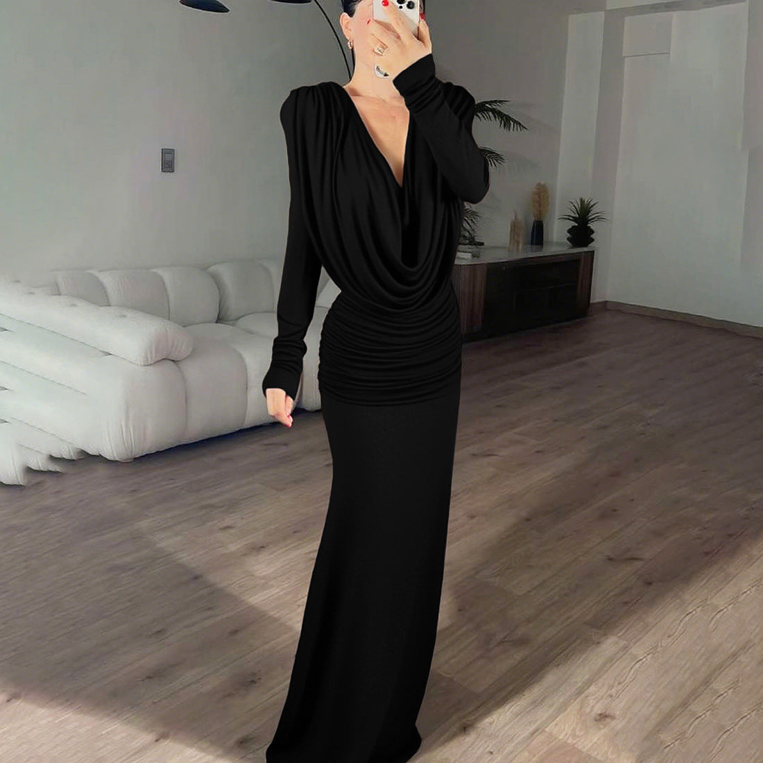 Sexy Backless L/S Cowl Neck Maxi Dress with Sheering at Sides