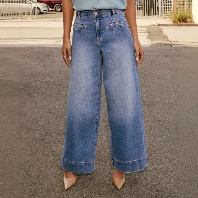 Ladies Wide Leg Denim Jeans with Front Pockets Wide Cuff