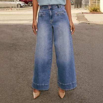 Ladies Wide Leg Denim Jeans with Front Pockets Wide Cuff