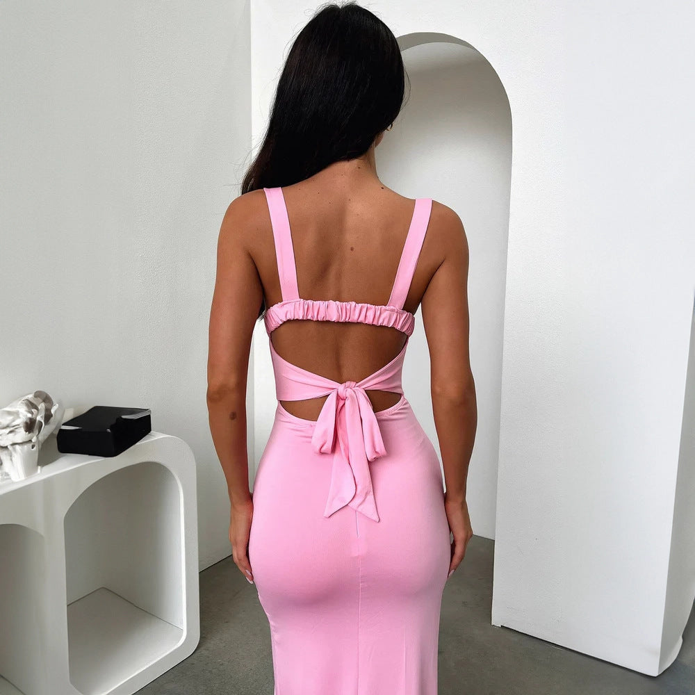 Summer Slim Fit Elegance Sleeveless Split Backless Sling Sheath Women Clothing Dress