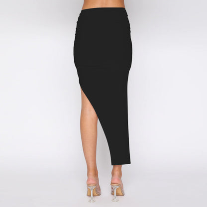 Sexy  Knit  Asymmetric High Slit Skirt in Blk or White with Shirring on Side