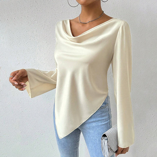 Ladies Long Bell  Sleeve Satin Cowl Off White Neck Top