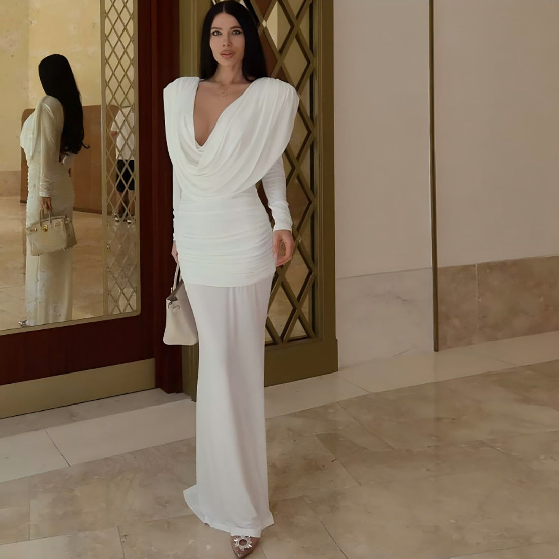 Sexy Backless L/S Cowl Neck Maxi Dress with Sheering at Sides