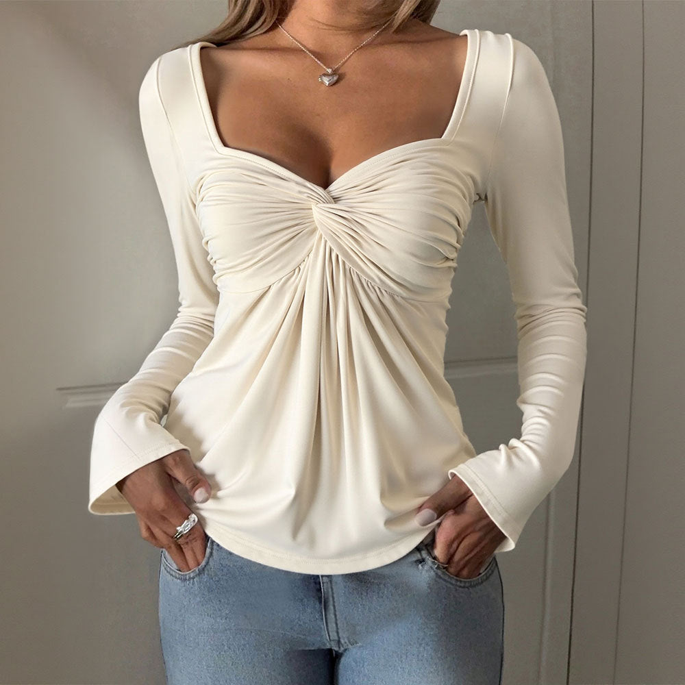 Off White Long Sleeve V Neck Twist Front Knot