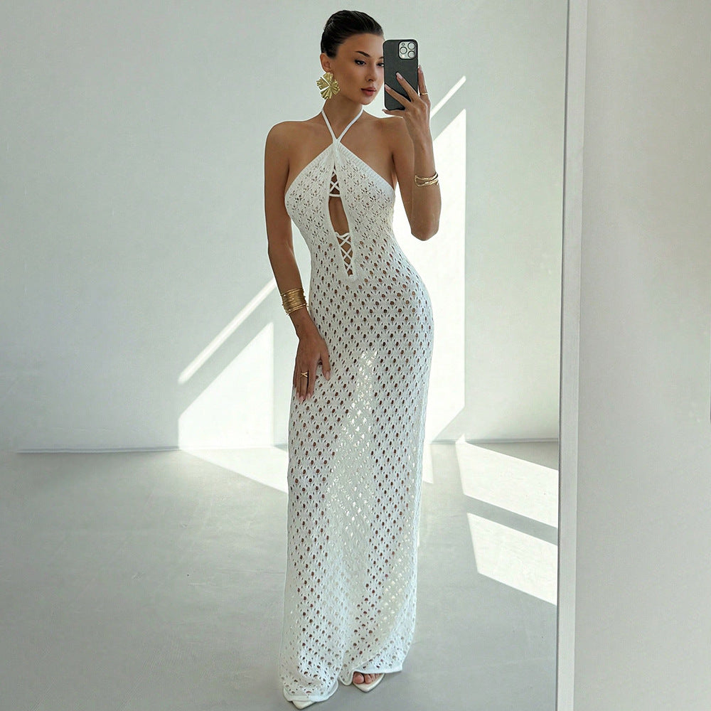 Sexy White Cutout Knitted Crochet Like Keyhole Maxi Dress