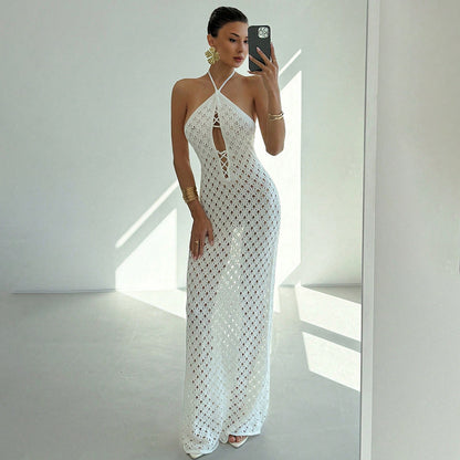 Sexy White Cutout Knitted Crochet Like Keyhole Maxi Dress