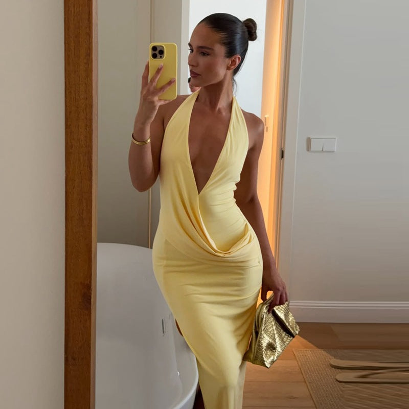 Sexy Low Cut Deep V Plunge neck Halter Strap Backless Slit Dress