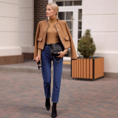 Autumn Winter Women Coat Classic round Neck Metal Button Design Short Coat