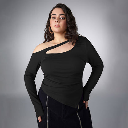 Sexy Asymmetric Long Sleeve Plus Size Black Top