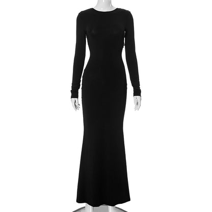 Sexy Backless Bow Long Sleeve Narrow Maxi Dress