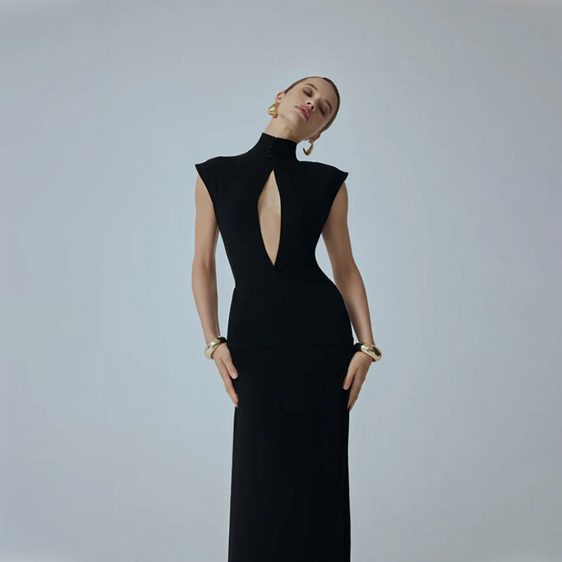 Sexy Black Mock Neck S/S Long Fitted Dress with Open Back Lace Detail Keyhole Detail