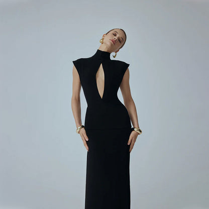 Sexy Black Mock Neck S/S Long Fitted Dress with Open Back Lace Detail Keyhole Detail
