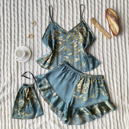 Silk Pajamas leaf Printed Short / Cami Set with ruffle hem