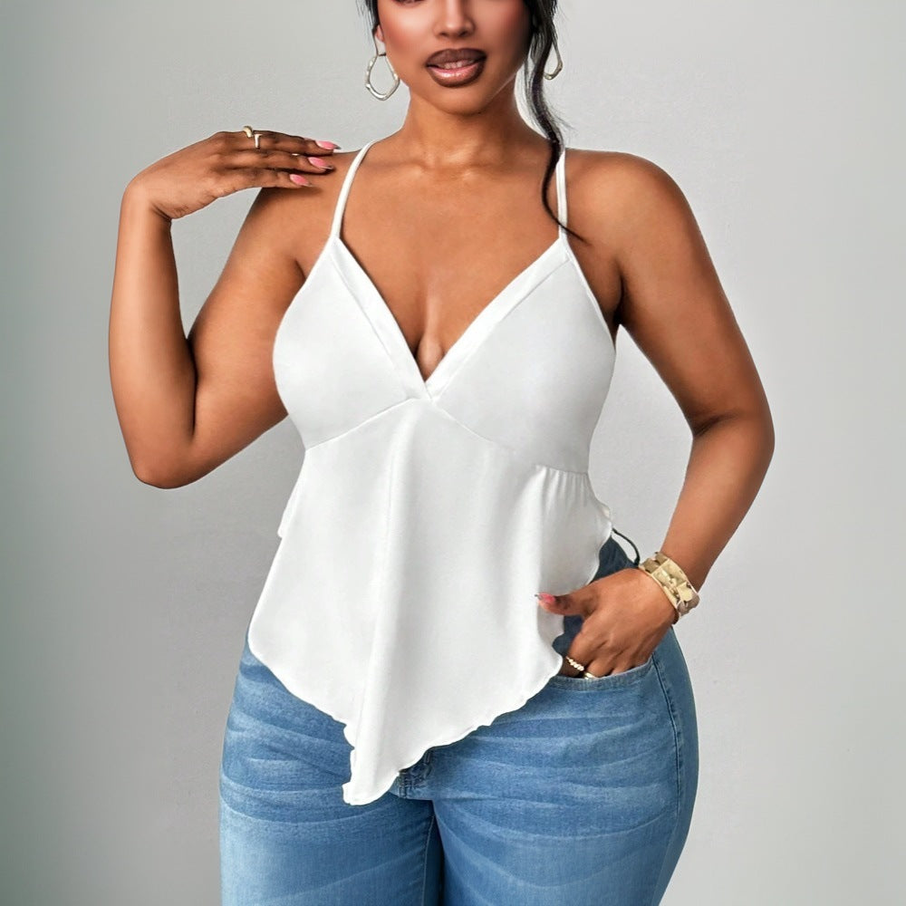 Plus Size Sexy Sling Hankie Hem   Backless Spaghetti Strap  Top