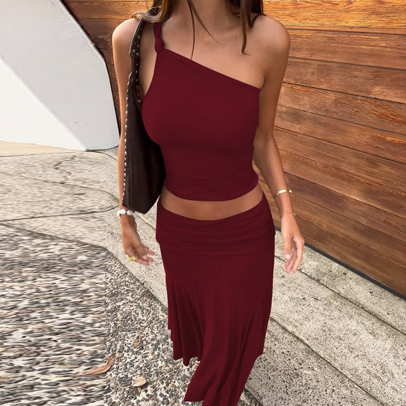 One Shoulder Sleeveless Cropped Small Tank Top with Hip Hugging Midi skirt