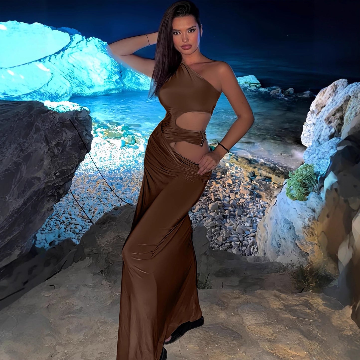 Brown One Shoulder Maxi Dress with  Opening at Side Gold Hardwear