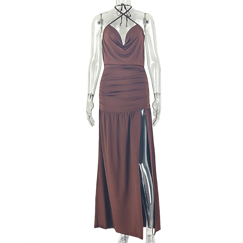 Sexy Halter Brown Cowl Neck with High Slit Maxi Dress Lovely Lies Sexy Halter Brown Cowl Neck with High Slit Maxi Dress Lovely Lies
