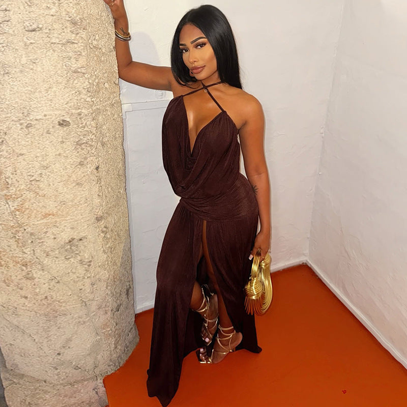 Sexy Halter Brown Cowl Neck with High Slit Maxi Dress Lovely Lies Sexy Halter Brown Cowl Neck with High Slit Maxi Dress Lovely Lies