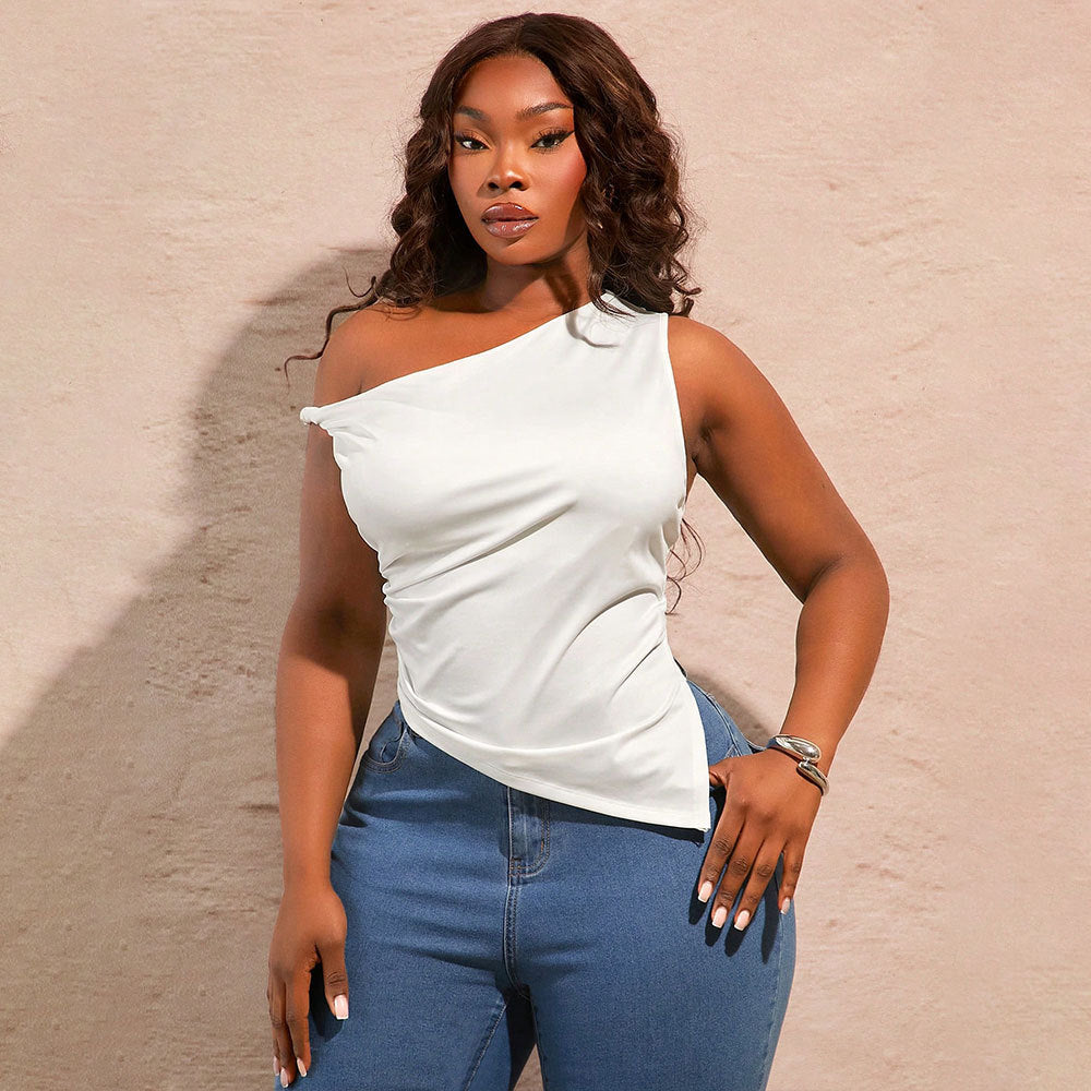 Plus Size  Sexy Diagonal Collar  Cold Shoulder Sleeveless Irregular Asymmetric Top