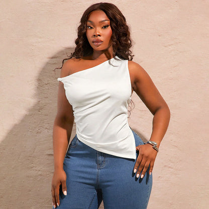 Plus Size  Sexy Diagonal Collar  Cold Shoulder Sleeveless Irregular Asymmetric Top