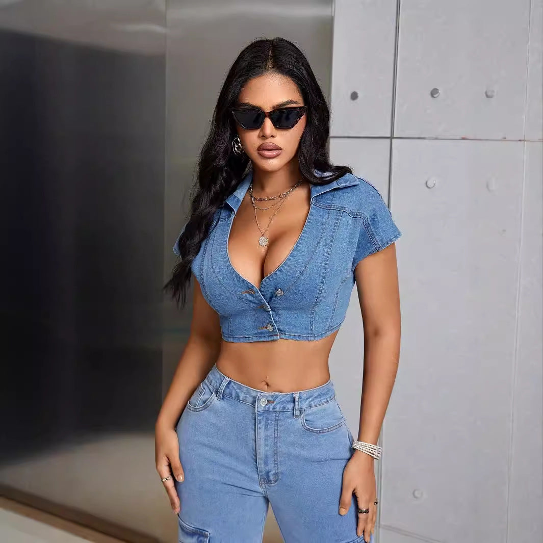 Y2K Cropped Denim Low Cut Top w/Collar & Front Buttons