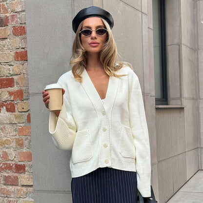 Loose Knitted Boxy  V neck Knitted Cardigan