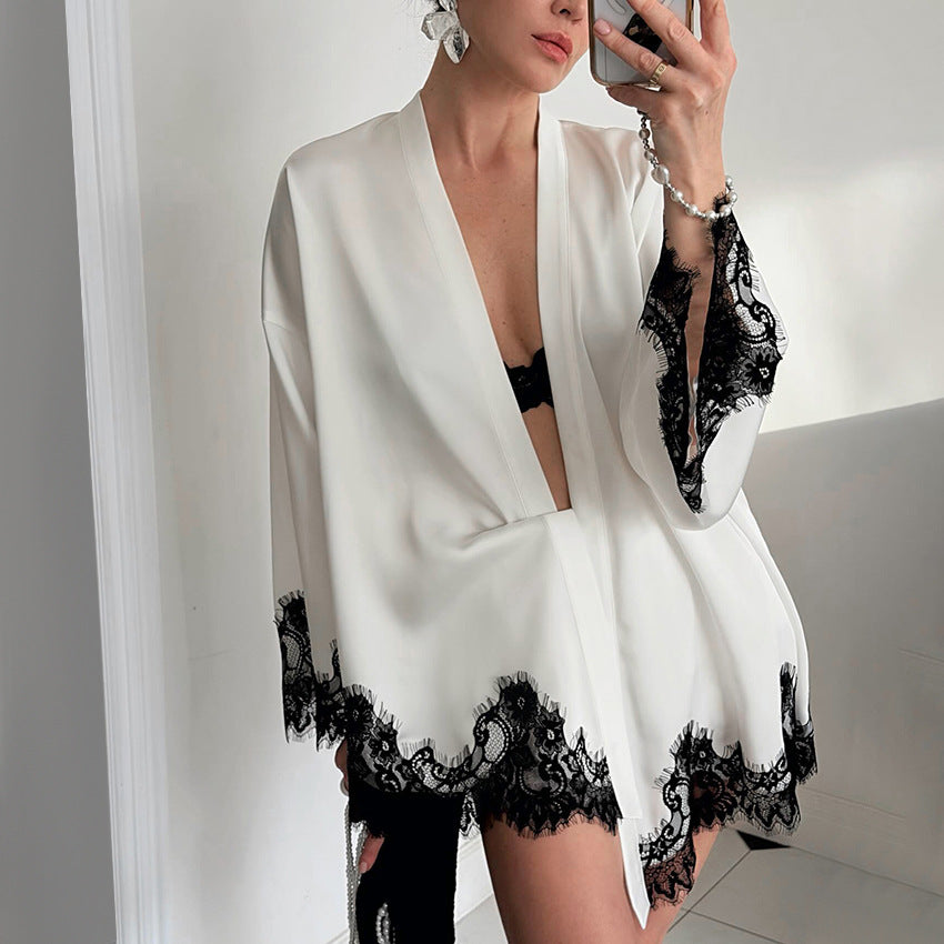 Sexy White Satin Robe w/ Black Eyelash Trim & matching short